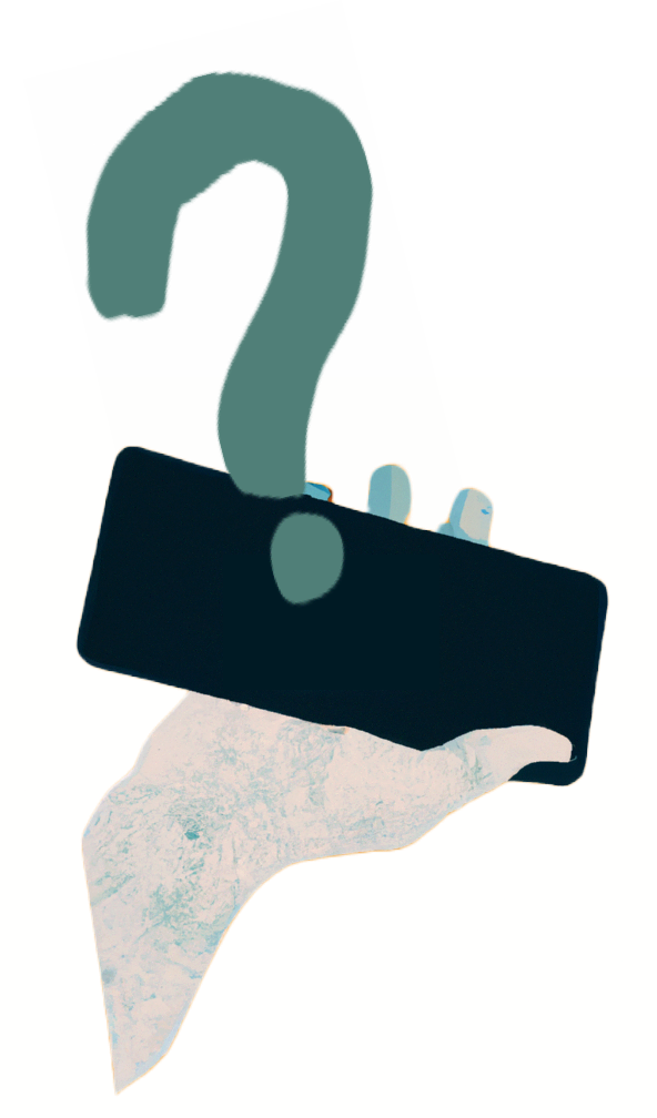 Picture of a hand holding a phone with a question mark inside